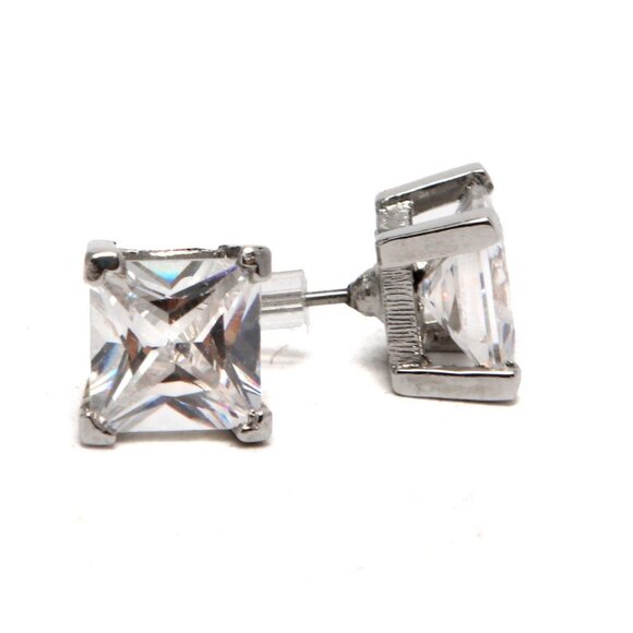 Cubic Zirconia CZ Clear Stud Earrings Square Cut Gems Silver - Picture 2 of 7